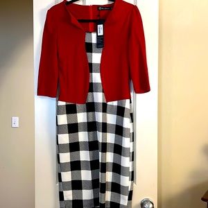Black and white checkered dress with red jacket